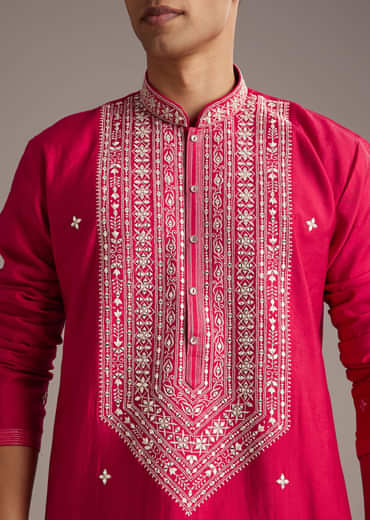 Pink Silk Kurta Set For Men With Mirror And Thread Work