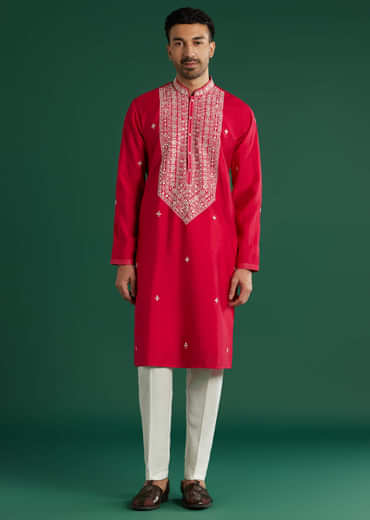 Pink Silk Kurta Set For Men With Mirror And Thread Work