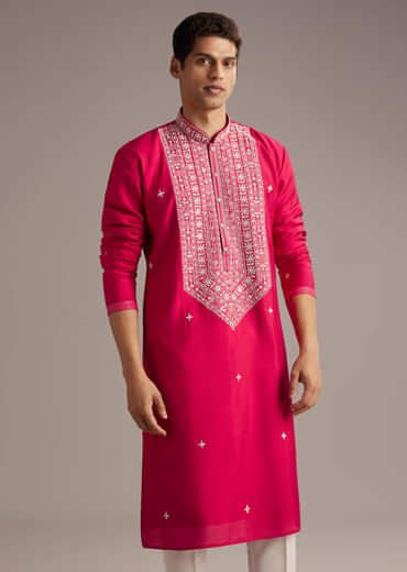 Pink Silk Kurta Set For Men With Mirror And Thread Work