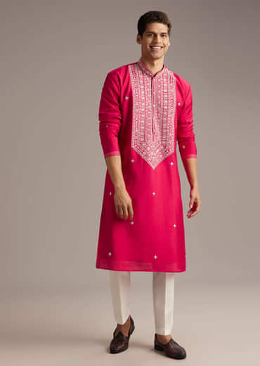 Pink Silk Kurta Set For Men With Mirror And Thread Work