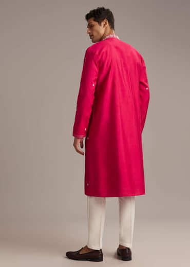 Pink Silk Kurta Set For Men With Mirror And Thread Work