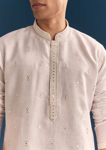 Pink Silk Kurta Set For Men With Mirror Embroidery