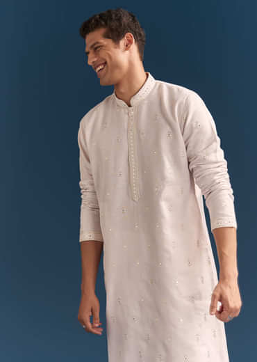 Pink Silk Kurta Set For Men With Mirror Embroidery
