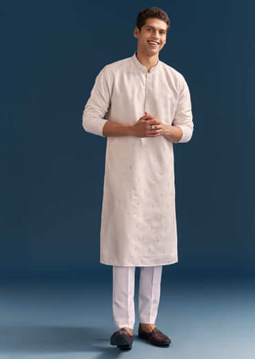 Pink Silk Kurta Set For Men With Mirror Embroidery