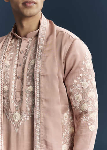 Pink Silk Kurta Set For Men With Tonal Embroidery