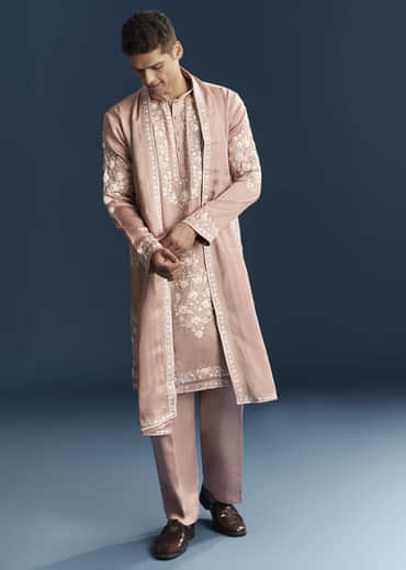 Pink Silk Kurta Set For Men With Tonal Embroidery