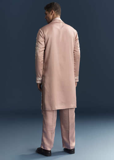 Pink Silk Kurta Set For Men With Tonal Embroidery