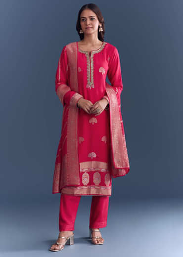 Pink Silk Kurta Set With Banarasi Weave