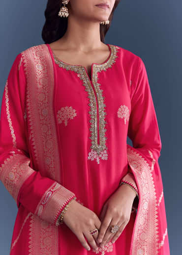 Pink Silk Kurta Set With Banarasi Weave