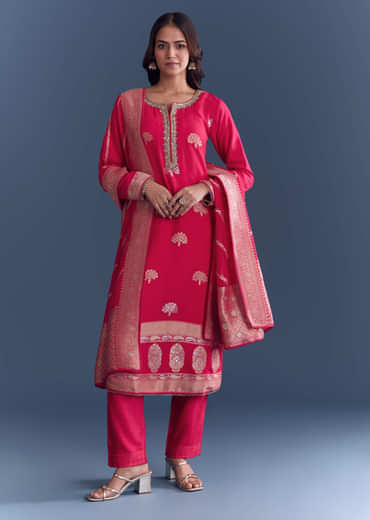 Pink Silk Kurta Set With Banarasi Weave