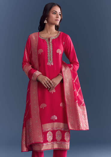 Pink Silk Kurta Set With Banarasi Weave
