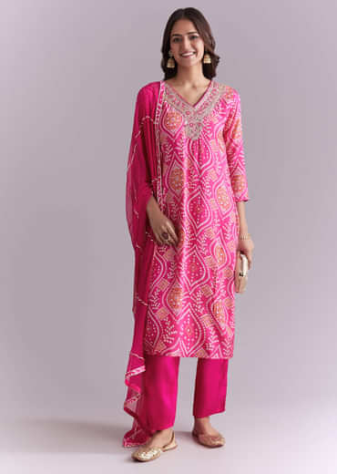 Pink Silk Kurta Set With Bandhani Print And Embroidery