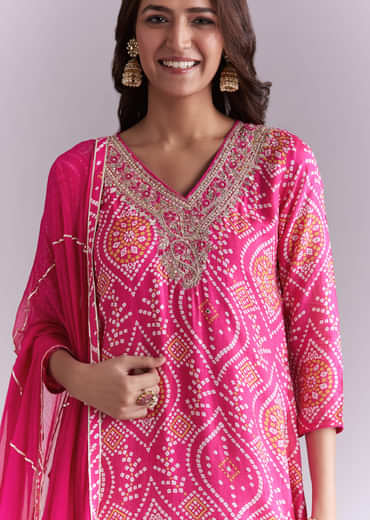 Pink Silk Kurta Set With Bandhani Print And Embroidery