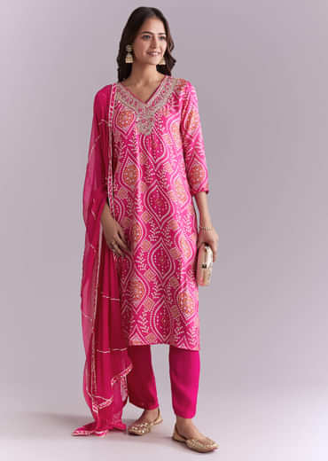 Pink Silk Kurta Set With Bandhani Print And Embroidery