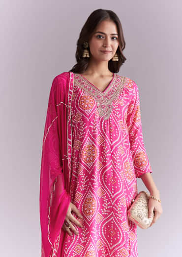 Pink Silk Kurta Set With Bandhani Print And Embroidery