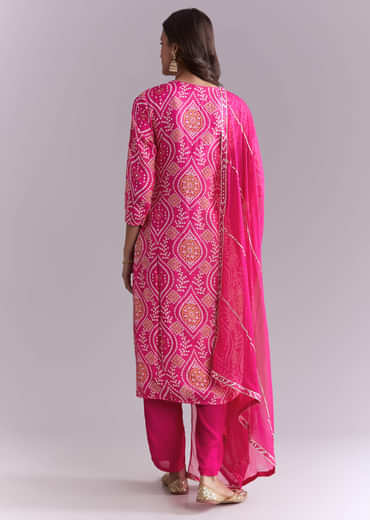 Pink Silk Kurta Set With Bandhani Print And Embroidery