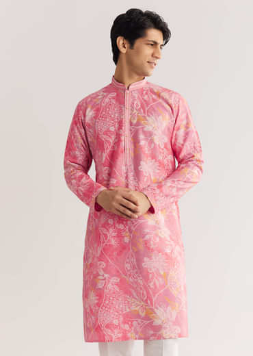 Pink Silk Kurta Set With Mandarin Collar