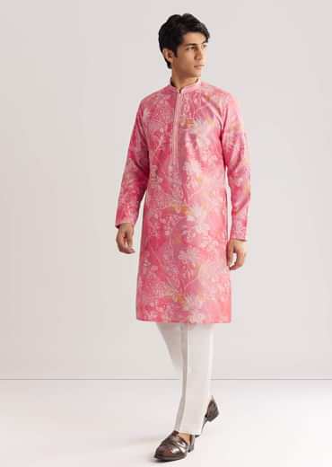 Pink Silk Kurta Set With Mandarin Collar