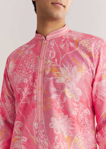 Pink Silk Kurta Set With Mandarin Collar