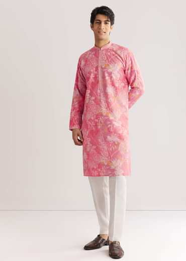 Pink Silk Kurta Set With Mandarin Collar