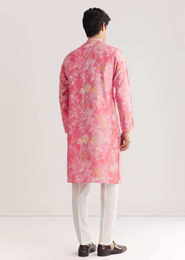 Pink Silk Kurta Set With Mandarin Collar