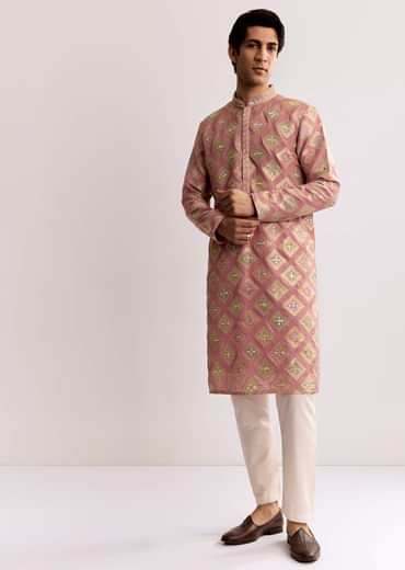 Pink Silk Kurta Set With Mirror Geometric Print