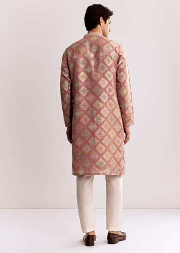 Pink Silk Kurta Set With Mirror Geometric Print