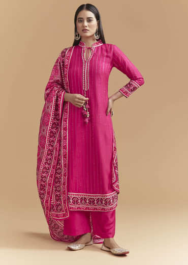 Pink Silk Kurta Set With Sequins Work And Patola Print Dupatta