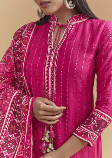 Pink Silk Kurta Set With Sequins Work And Patola Print Dupatta