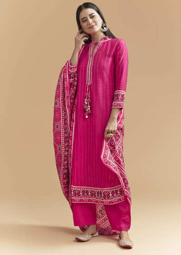 Pink Silk Kurta Set With Sequins Work And Patola Print Dupatta