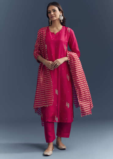 Pink Silk Kurta Set With Zari And Gota Work