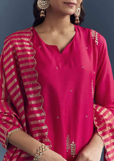Pink Silk Kurta Set With Zari And Gota Work