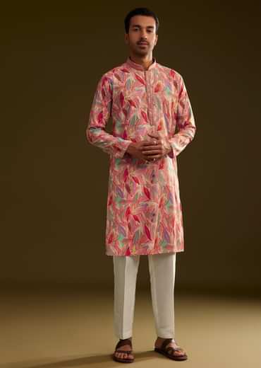 Pink Silk Leaf Printed Kurta Set