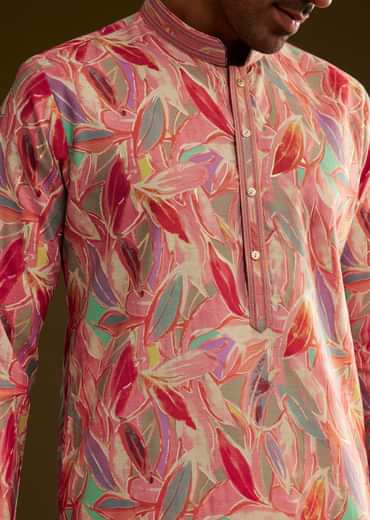 Pink Silk Leaf Printed Kurta Set