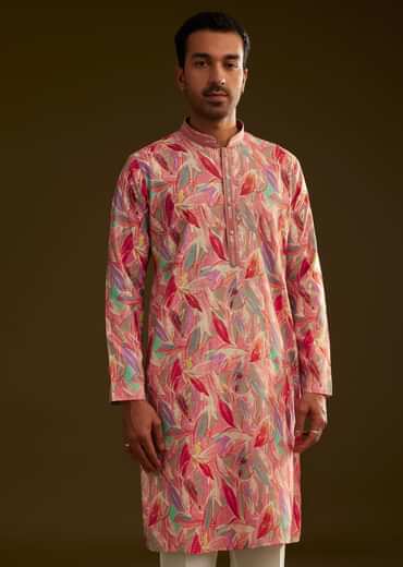 Pink Silk Leaf Printed Kurta Set