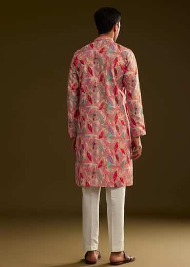 Pink Silk Leaf Printed Kurta Set