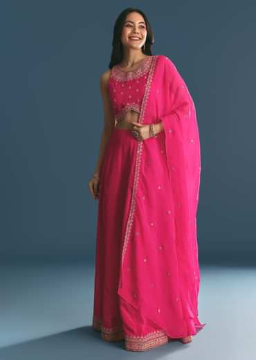 Pink Silk Lehenga Dupatta Set With Zari And Sequins Work
