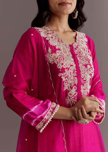 Pink Silk Moti Embroidered Kurta Set With Organza Dupatta