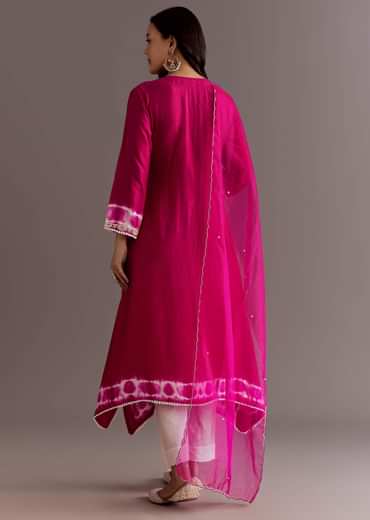 Pink Silk Moti Embroidered Kurta Set With Organza Dupatta