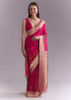 Pink Silk Muniya Paithani Saree With Multicolour Floral Motifs