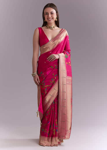 Pink Silk Muniya Paithani Saree With Multicolour Floral Motifs