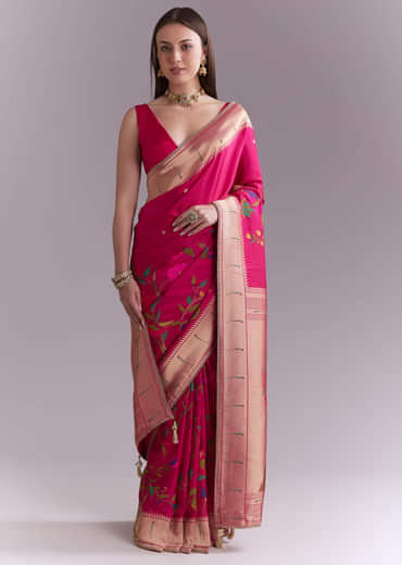 Pink Silk Muniya Paithani Saree With Multicolour Floral Motifs