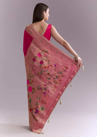 Pink Silk Muniya Paithani Saree With Multicolour Floral Motifs
