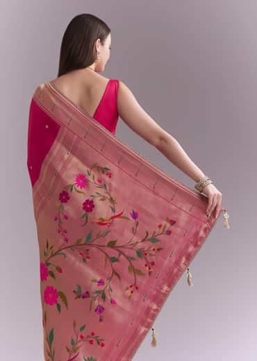 Pink Silk Muniya Paithani Saree With Multicolour Floral Motifs