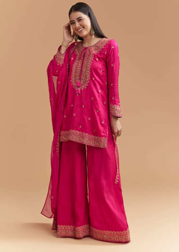 Pink Silk Palazzo Suit With Intricate Zari Work