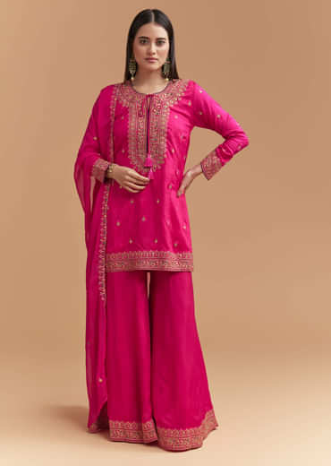 Pink Silk Palazzo Suit With Intricate Zari Work