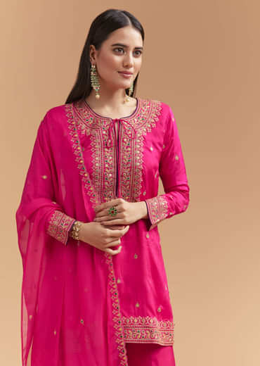 Pink Silk Palazzo Suit With Intricate Zari Work