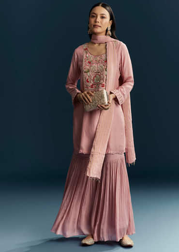 Pink Silk Sharara Suit With Embroidery