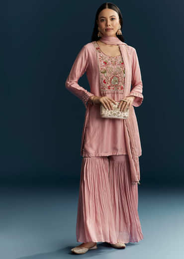Pink Silk Sharara Suit With Embroidery