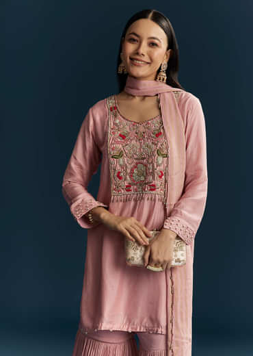 Pink Silk Sharara Suit With Embroidery